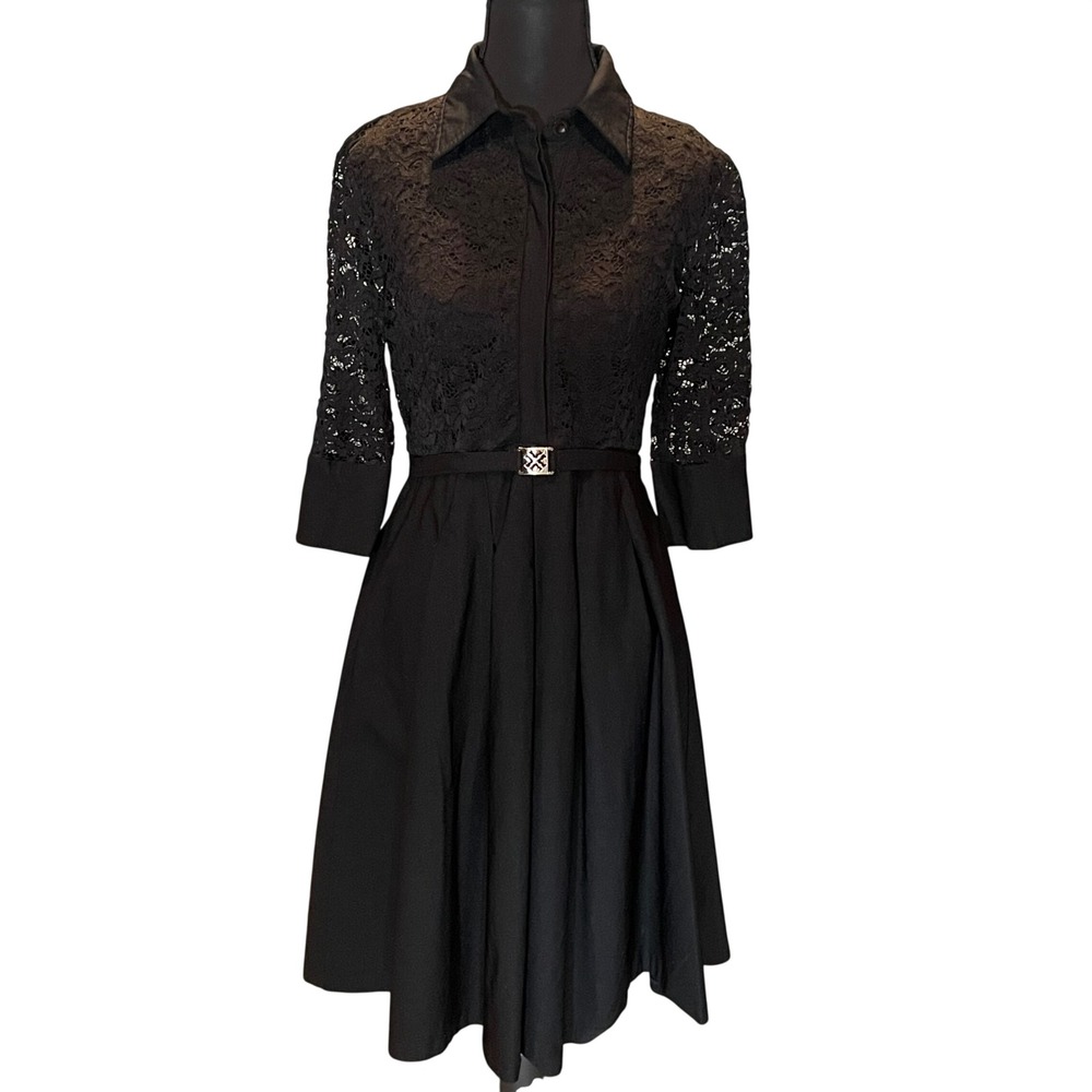 Miusol Black Lace Top Pleated Skirt Cocktail Dress M 3/4 Sleeve Belted Retro
